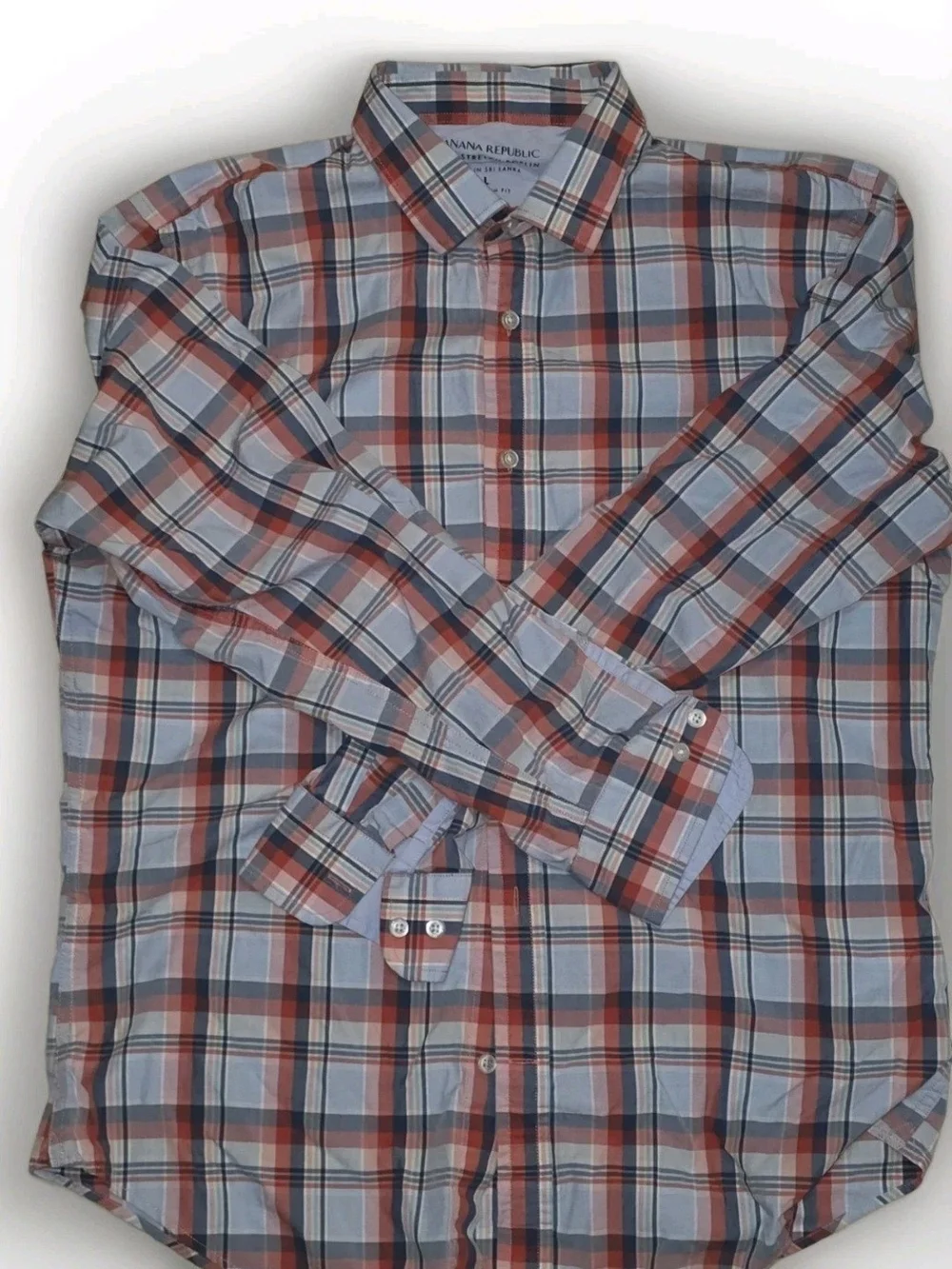 Banana Republic Men’s Blue and Rust Plaid Button-Down Shirt Slim Fit Size L